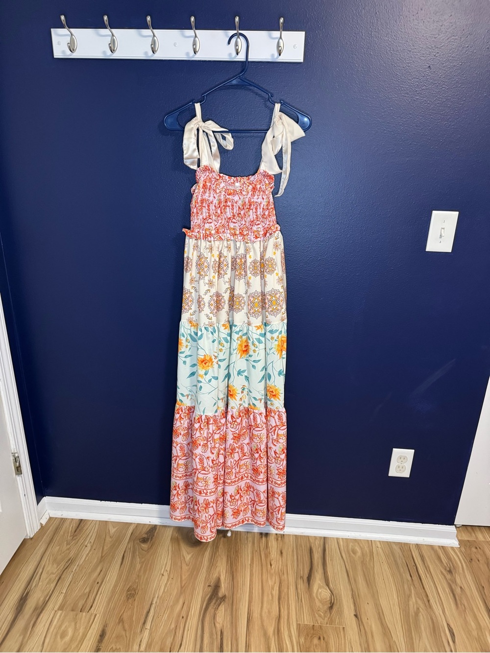 Boho Tiered Maxi Dress with Floral Patchwork - Coral & Cream